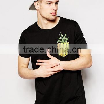 Black 100% Cotton Fashion Design Custom Pineapple Printed Pocket T shirt Relaxed Skater Fit T shirt Street Wear