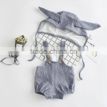 2017 Spring Baby Girls Bunny Rabbit Solid Rompers + Ear Cap Pure Pink Light Blue photo-2