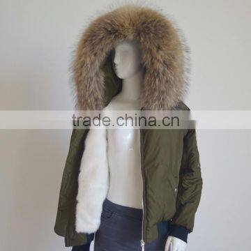 Myfur Man Reversible Jacket with Real Raccoon Fur Hooded Bomber Jacker