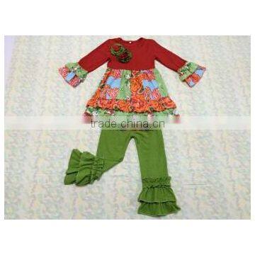 2015 EasterNew Design fashion girl Cotton Outfit With Ruffles Kids Boutique long sleeve green Outfit Baby Clothes Set