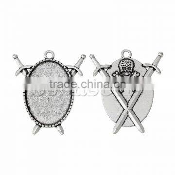 Cheap Charm Pendants Oval Antique Silver Cabochon s Nickel Free Halloween Skull Sword Carved 4.6cm x 4.0cm10 PCs