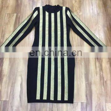 Black Long Sleeve Gold Printed Stripe Bandage Dress High Quality Birthday Dresses photo-3