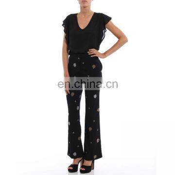 OEM 100%Polyester Floral Embroidered Candy Flared Trousers photo-3
