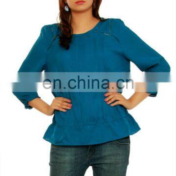 Exporter of Western top round neck 3/4 sleeve graceful blue color designer top