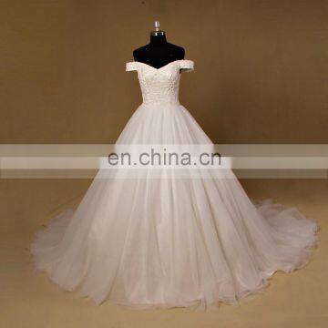 Bling Brilliant Pure Beads Puff Ball Cap Sleeves Wedding Dress Long Tail