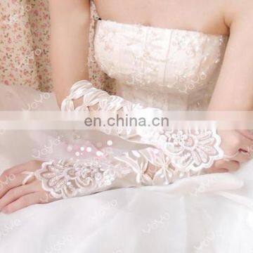 Ivory&white Pretty Hollow Bows Appliqued Fingerless Long Wedding Glove White pearl beaded satin fingerless wedding bridal gloves