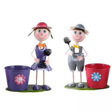 Metal Pot Garden Planter, Iron Boy Girl Figures Garden Flower Pot