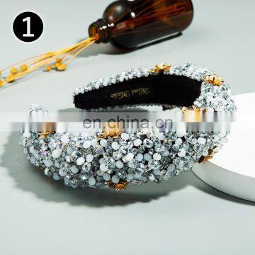 Fashionable Thick Sponge Gold Velvet Hairpin Fabric Handmade Beaded Hairband Women Inlaid Pearl Flower Hairband Women