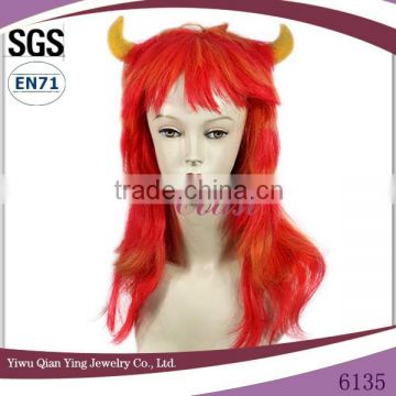 long red synthetic ox horn halloween costum wig new year costum wig