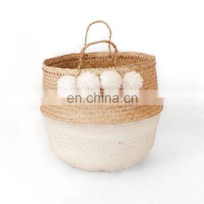 White Seagrass Belly Basket with white pom poms, Woven Seagrass Straw Wicker Storagee Basket Home Organization