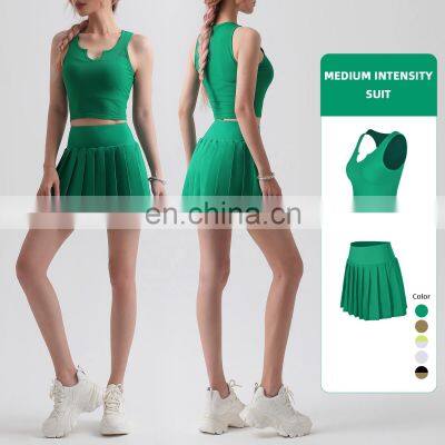 2 Pcs Tennis Wear Set Women Ribbed Crop Top Pleated Tennis Skirt With Side Pockets