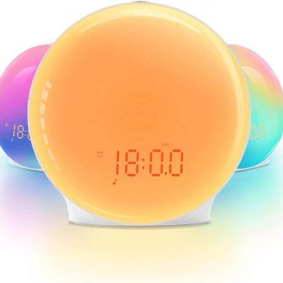 RGB Sunrise Alarm Clock Wake Up Light with Sunrise Colourful Bedside Lamp Sunset Night Light FM radio clock Natural lights