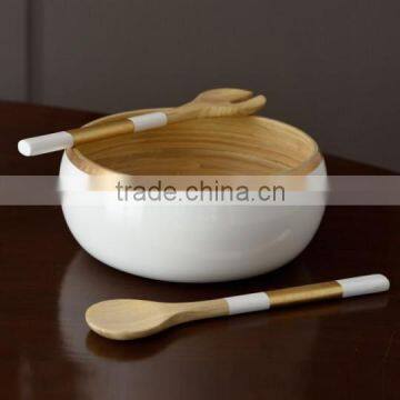 High quality best selling eco friendly set of spun bamboo white bowl and salad servers from Viet Nam