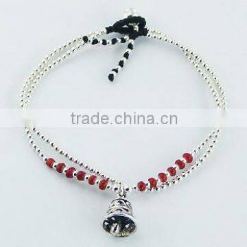 Double Macrame Bracelet Ornate Silver Bell Charm and Beads