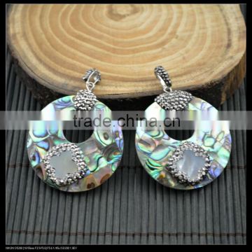 LFD-0032P ~ wholesale Round Shape Paua Abalone Shell Pave Rhinestone Crystal Charms Pendants For Necklace Jewelry