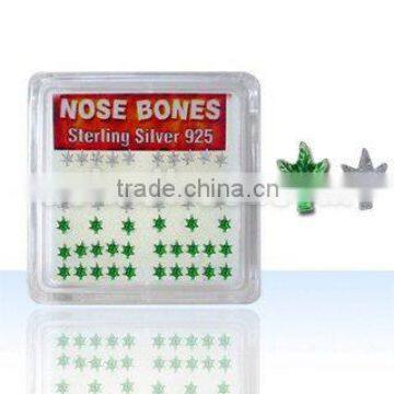 925 sterling silver nose bones with green and silver marijuana leaves