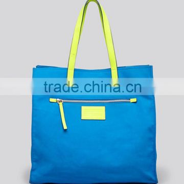 2014 Designer woman ladies cotton tote bag with leather trim