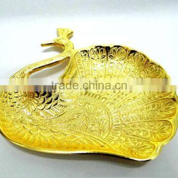 Beautiful wedding gift promotional gift peacock shape gold plated brass tray