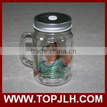 custom clear glass with handle with lid and straws mason jar