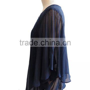Sexy Chiffon Fluffy Bat Sleeve With Floral Embroidery Design Ladies Blouse Top photo-5