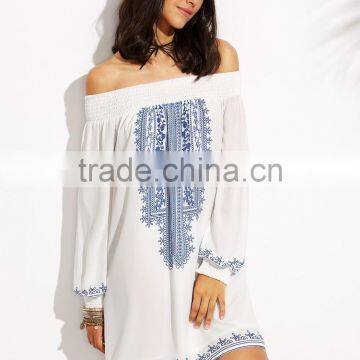 off Shoulder Smocking Mini Dress Digital Printing New Design Latest Western Dress Patterns for Girls photo-2
