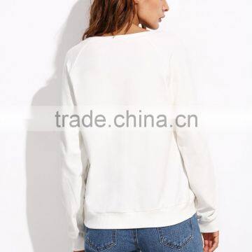 White Slogan Print Raglan Sleeve Sweatshirt Round Neck 100 French Terry Printed Sweatshirt Custom Logo Whosale photo-4
