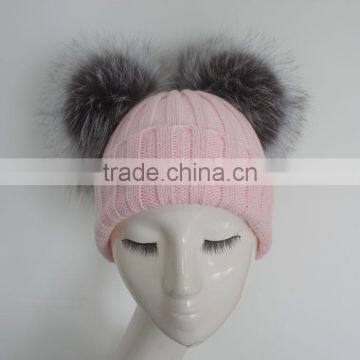 Myfur Baby Pink Wool Ribbed Knit Hat With Removable Silver Fox Fur Pom Poms photo-2