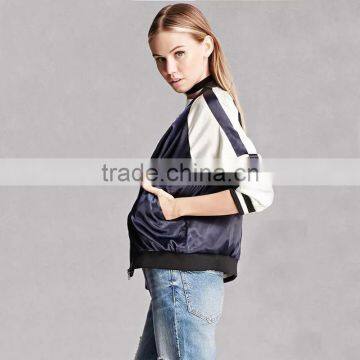 Satin Back Floral Embroidered Striped Raglan Sleeves Casual Coats for Ladies photo-5