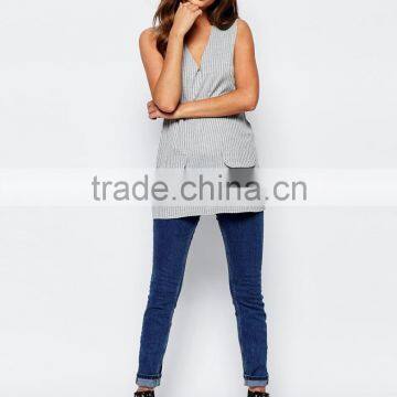 2016 Guangzhou Shandao OEM Custom Summer Women Sexy Sleeveless Deep V Neck Striped Cotton Latest Fashion Long Top Design photo-5