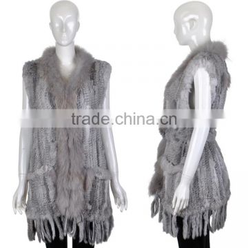 Yanran Fur Factory YR250 Fashion Woman Fur Gilet with Tassels Knit Real Rabbit Raccoon Fur Vest