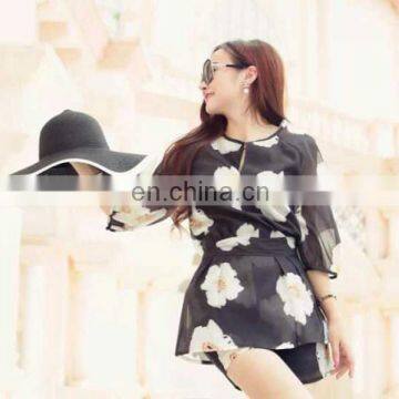 Powersweet New Arrival Promotional B2B Black Korean Floral Printed Two Pieces Blouse And Shorts