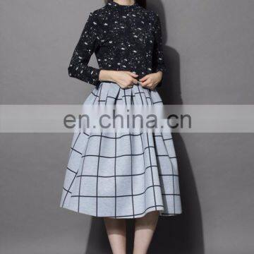 Women Spring Autumn Grid Print Pleated Hign Waist Midi Skirt