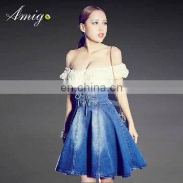 2015 hot sexy lace fashion design dress denim skirt two pieces set dress off shoulder wholesale order