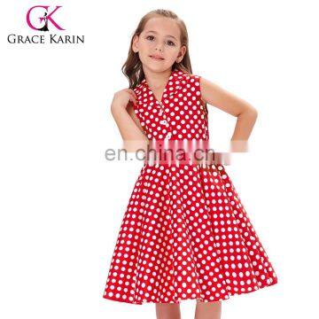 Grace Karin Girls Summer Dress Kids Vintage 50's Dress Retro Vintage Sleeveless Lapel Collar Red Polka Dots Dress CL009000-3