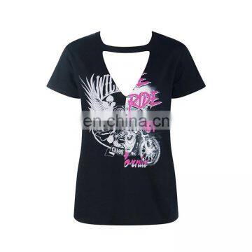 custom black casual women v neck short sleeve printed t shirt