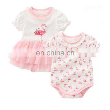 2018 Fashion Outfits Lace Pink Sets Short Sleeve Romper 2PCS Cotton Princess Baby Girl Romper Sets