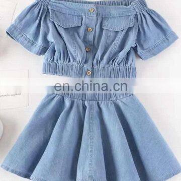 Fashion girls summer clothes matching denim blue kids skirt suit boat neck top and jeans skirt set