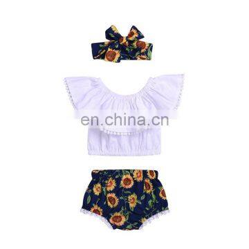 Toddler Sunflowers Clothing Set Baby Girls Pink Ruffle off Shoulder Tops & Sunflower Shorts & Headband Outfits photo-2