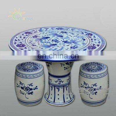 Chinese antique blue and white ceramic porcelain garden table and stool with fish design