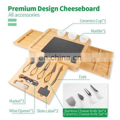 Bamboo Cheese Board Set 3 Slide Out Drawers And Stainless Steel Knife photo-4