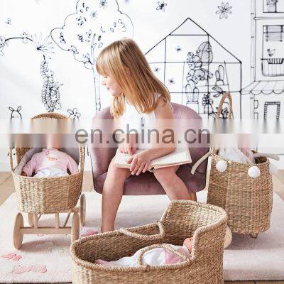 High Quality Rustic Seagrass Pram Basket Doll Stroller Trolley For Kids Wicker Shopping Basket Wholesale Supplier