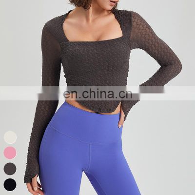 Breathable Running Tops Square Collar Sexy Sports T shirt Long Sleeve Thumb Hole Design Yoga Top With Fixed Padded For Women