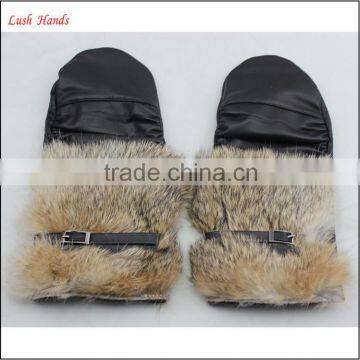 women warm winter rabbit fur genuine leather mittens with belt