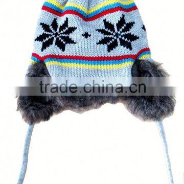 Hot sale pom-pom knit 100% cotton woven stripe and jacquard plaid earmuff knit hat