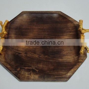 WOODEN TRAY WITH BRASS HANDLE, SERVING TRAY, DECORATIVE TRAY