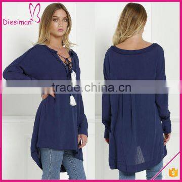 Plunging Collar Neck Design Solid Navy Color Long Sleeve Blouse Long Blouse