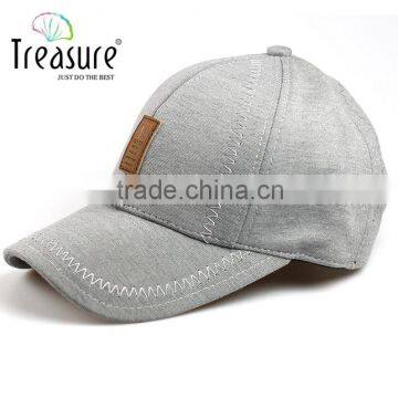 Fashion unisex gray color short brim baseball cap with leather label for wholesale