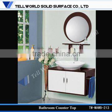 cheap personal use bathroom wash basin with a series of wall cabinets