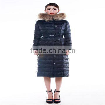 side zip leather sexy warm long down jacket with raccoon fur