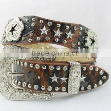 2016 New Design Scallop Western Rhinestone Leather Belt With Pentagram Conchos and Crystals